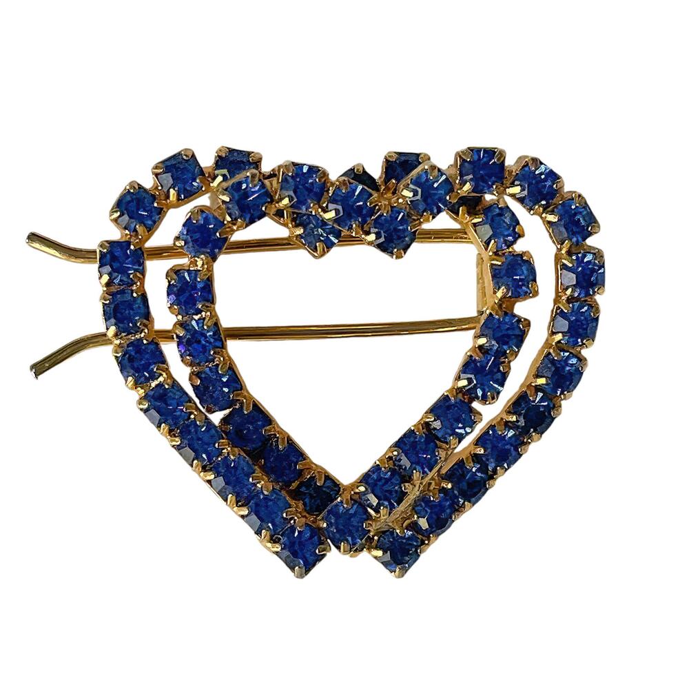 1980s Gold Plated Sapphire Blue Rhinestones Double Heart Barrette Hair Jewelry